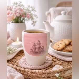 Handmade “PAIGE” Pottery Tumbler | Nautical Ship Design | Thumbprint Inlay